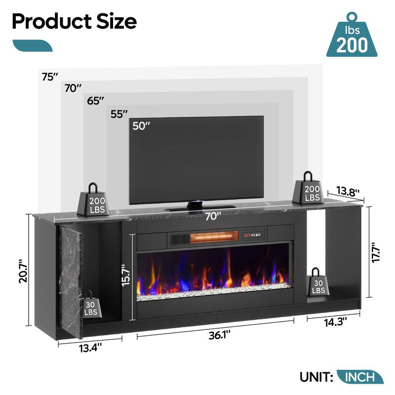 70" TV Stand with 36" Electric Fireplace, Modern Led Electirc Fireplace TV Stand fits TV up to 75 in.with Storage Cabinet