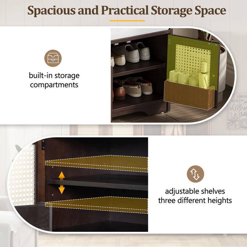 Roomfitters Large Entryway Storage Bench, Boho Rattan Cabinet, Shoe Organizer Seat, Adjustable Shelves