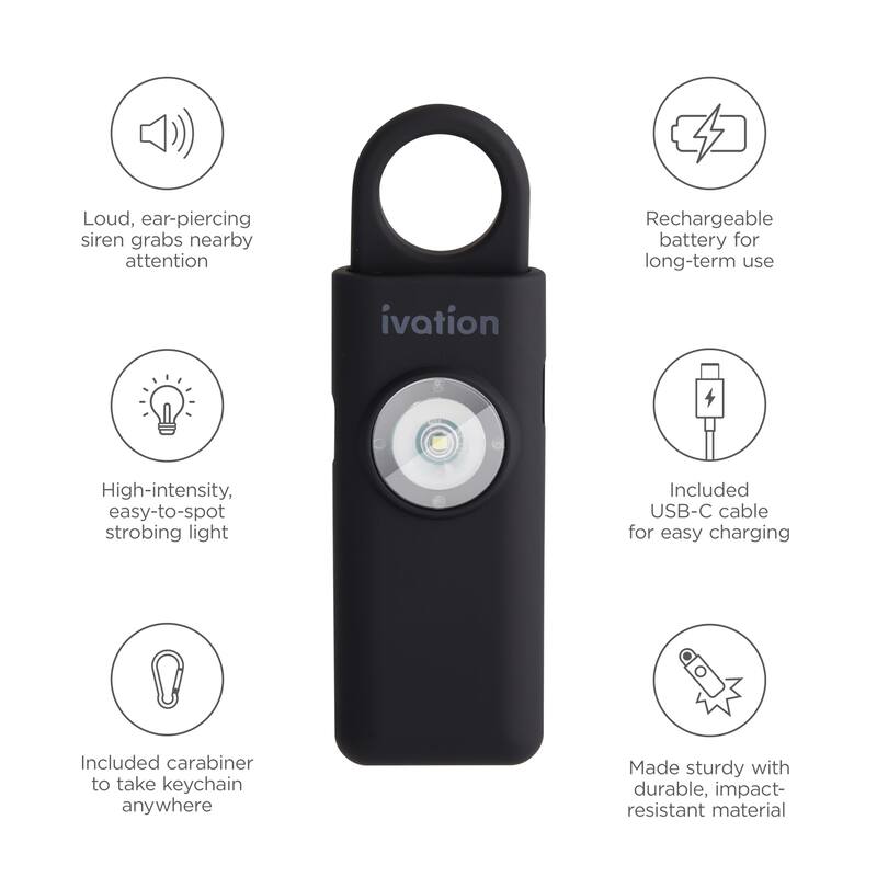 Ivation Personal SOS Keychain Alarm, 130 dB Rechargeable Personal Alarm w/LED Strobe Light