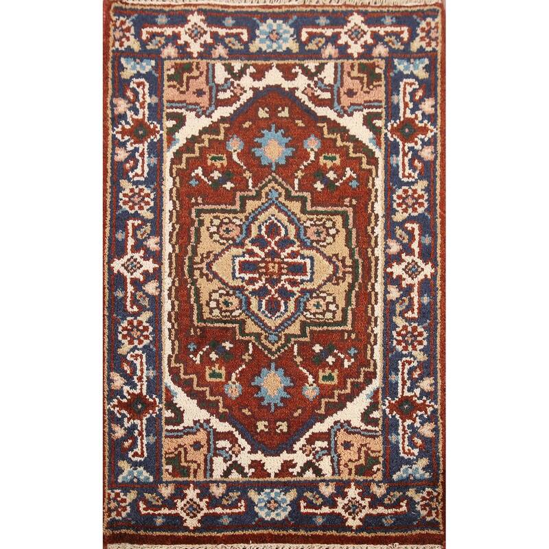 Hand Knotted Oriental 100% Wool Carpet Traditional Medallion Oranges & Rust Heriz (serapi) Area Rug - 3' 0'' X 2' 0''