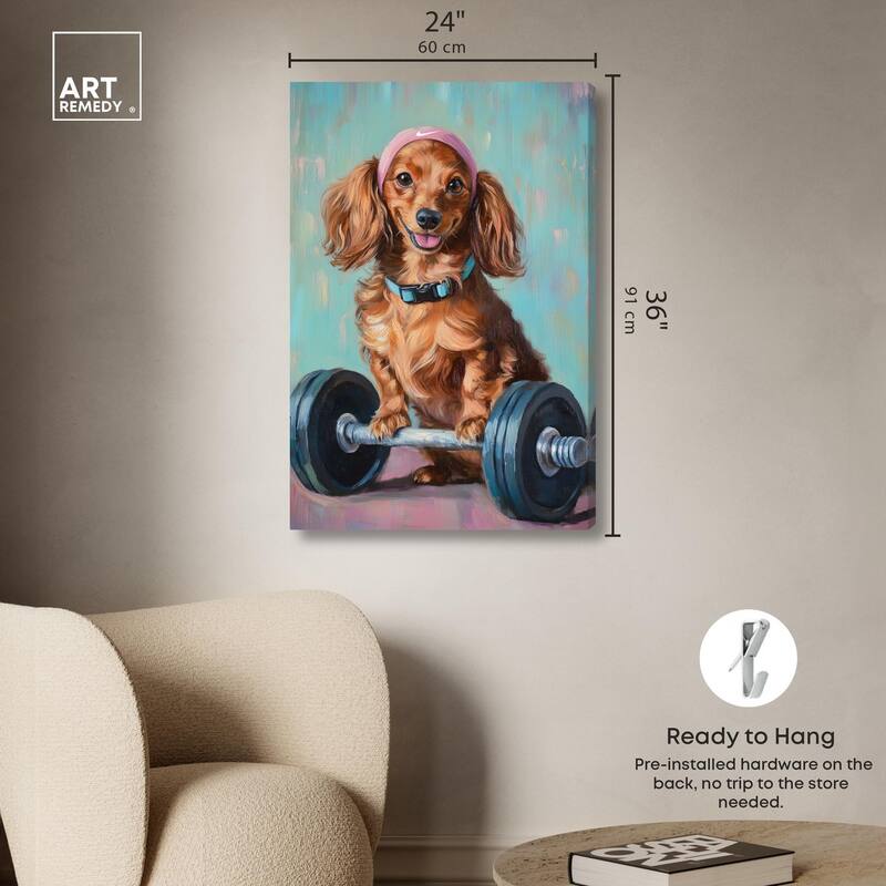 Cute Doxxie Work Out Canvas by Art Remedy, Gallery Wrapped