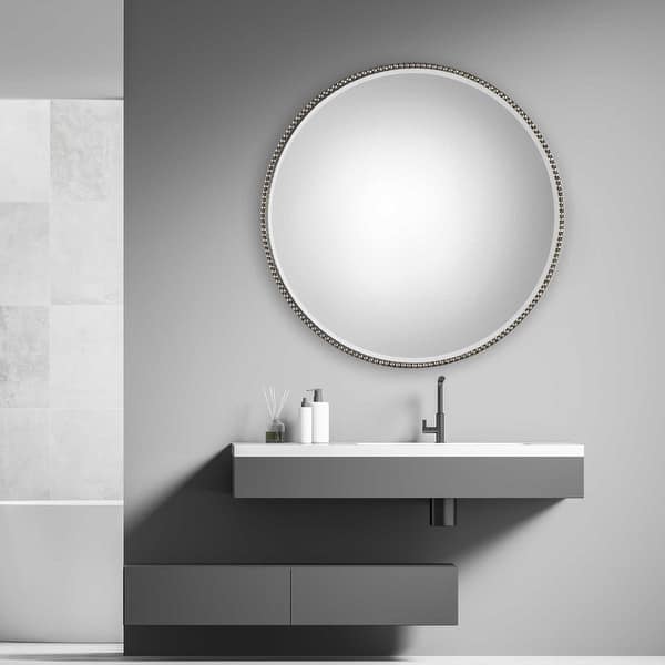 slide 2 of 4, Uttermost Stefania 40" Round Beaded Frame Contemporary Large Wall Antiqued Silver Leaf