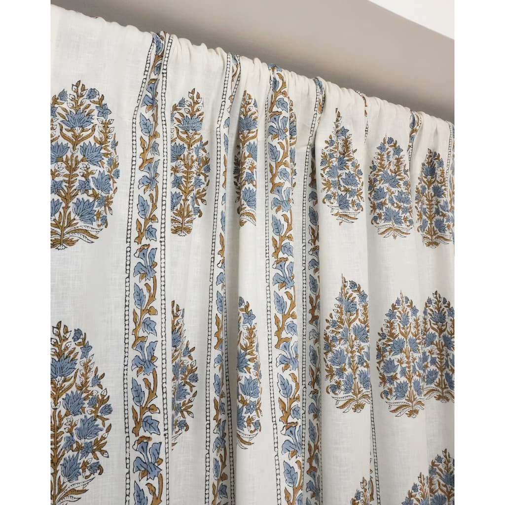 Fabdivine Linen Rod Pocket Curtain Panel, Floral Block Print Drap, Semi Sheer Window Curtain, Boho Living Room Décor, Kumud