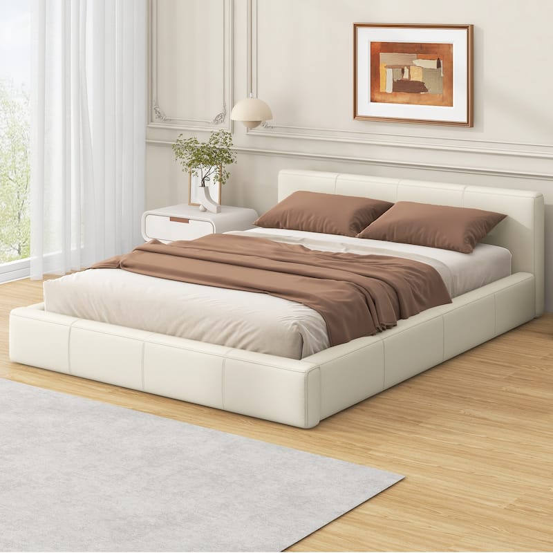 Modern Floor Bed Frame for Bedroom, Faux Leather Grounded Bed with Wood Slats Upholstered Platform Bed with Headboard for Adults