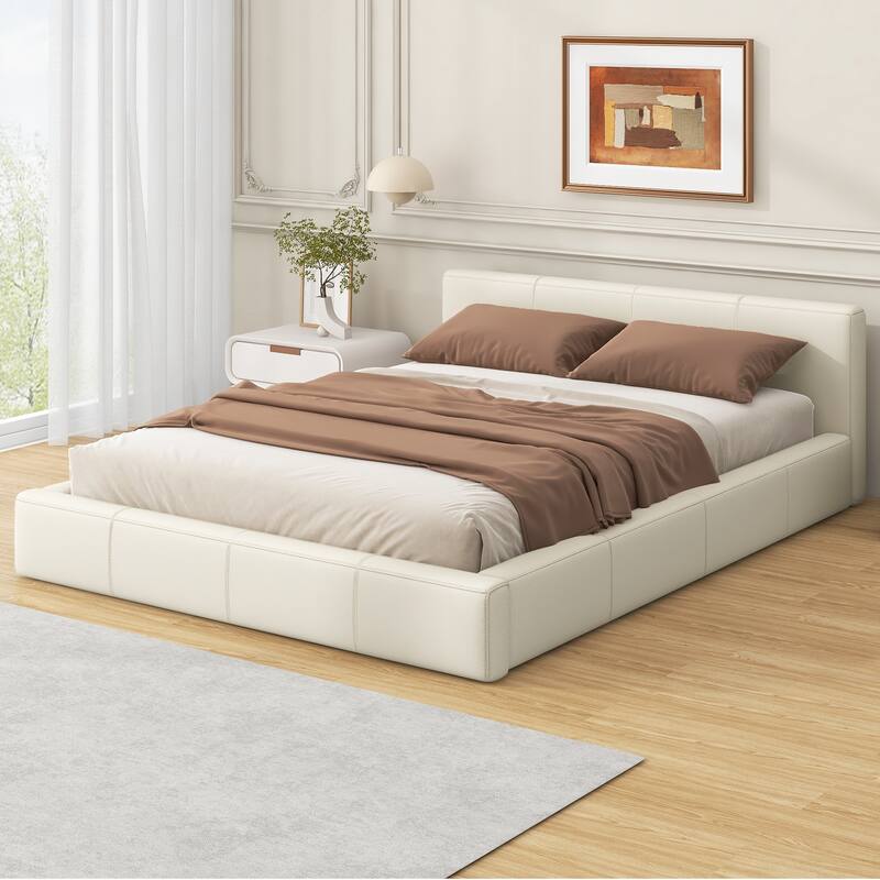 Full / Queen / King Stylish Beige Upholstered Bed with Faux Leather and Solid Wood Frame