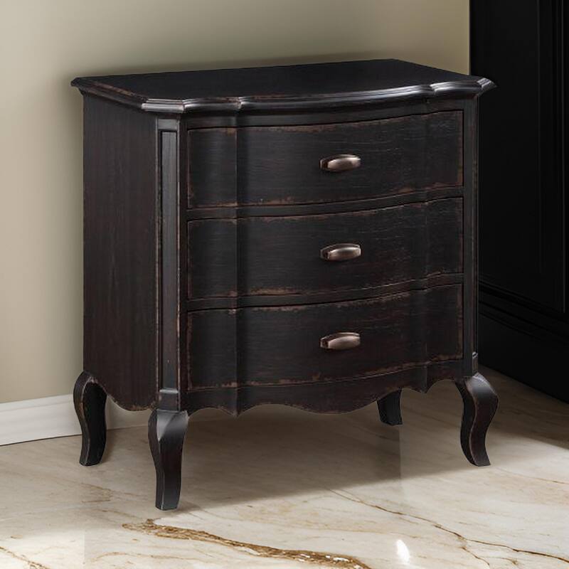 Cherry 30 Inch Nightstand, 3 Drawers, Cabriole Legs, Rubberwood, Black