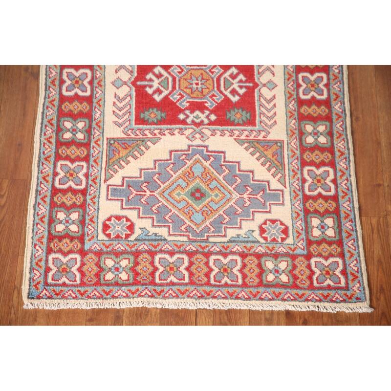 Ivory & Red Geometric Kazak Oriental Accent Rug Handmade Wool Carpet - 2'7" x 4'1"