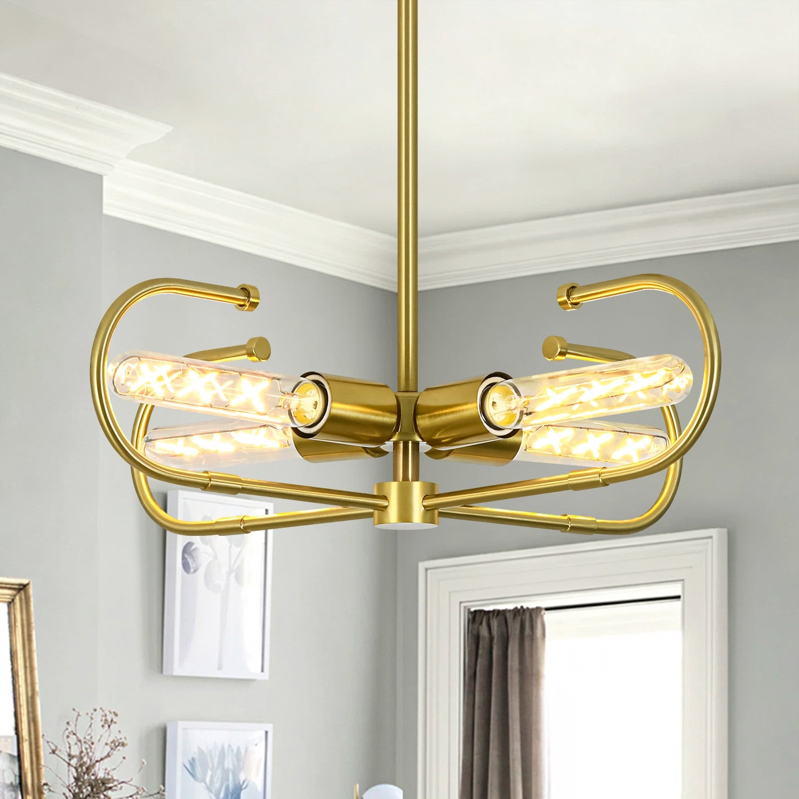 4-Light Mid-Century Modern Brushed Brass Open Frame J-shaped Arms Ajdustable Chandelier for Dining Room