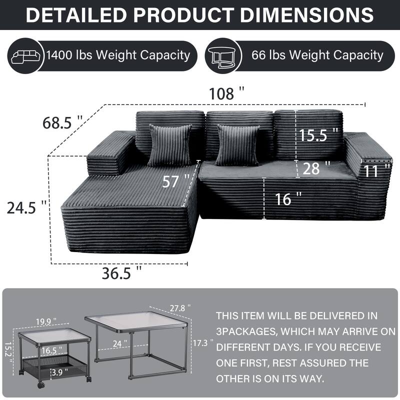 Meyreso No Assembly Required Long Plush L-Shaped Sectional Sofa with Square Nesting Coffee Tables
