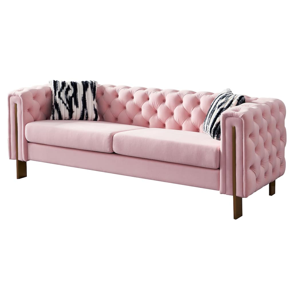 3-Seater Sofa Couch Pink Sleeper Sofa Couch with Square Armrests, Lounge Sofa Couch Settee Accent Couch