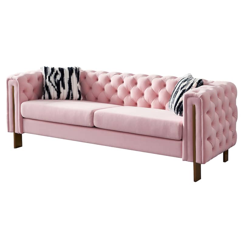 84.25" Luxurious Tufted Velvet Upholstered 3-Seater Sofa with Golden Metal Armrest Design and Buttoned Tufted Backrest