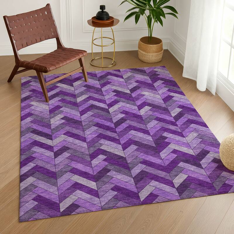 Machine Washable Indoor/ Outdoor Modern Chevron Chantille Rug