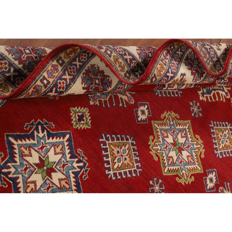 Geometric Kazak Area Rug Hand-Knotted Oriental Red Wool Carpet - 6'6" x 9'11"