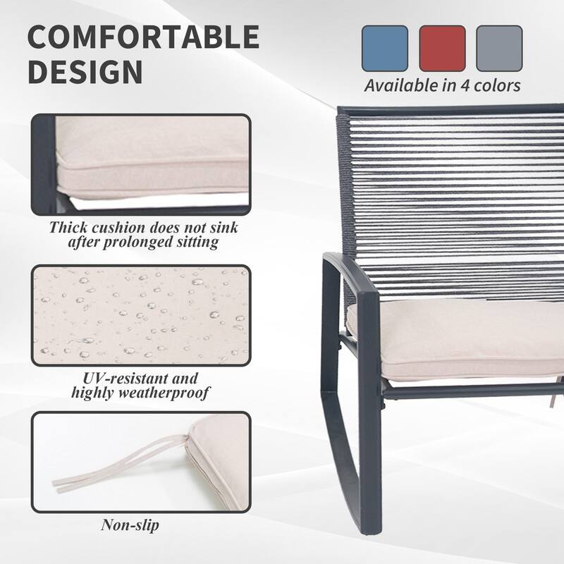 Domi Outdoor 3-Piece Wicker Rocking Chair Set, Patio Conversation Set with Removable Textilene Cushions & Metal Coffee Table