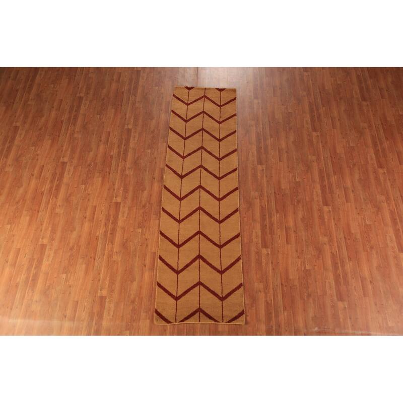 Hand Knotted Oriental 100% Wool Carpet Modern Geometric Oranges & Rust Moroccan Runner Rug - 9' 10'' X 2' 9''