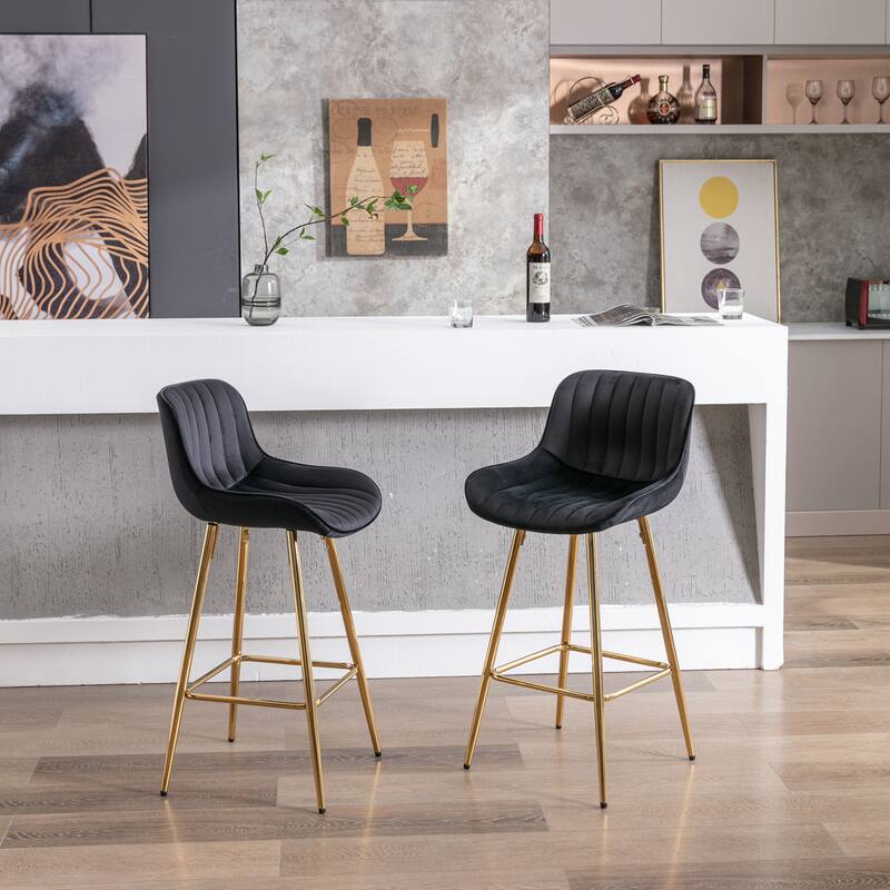 26 Inch Set of 2 Bar Stools,with Chrome Footrest Velvet Fabric Counter Stool Golden Leg Simple Bar Stool - Black