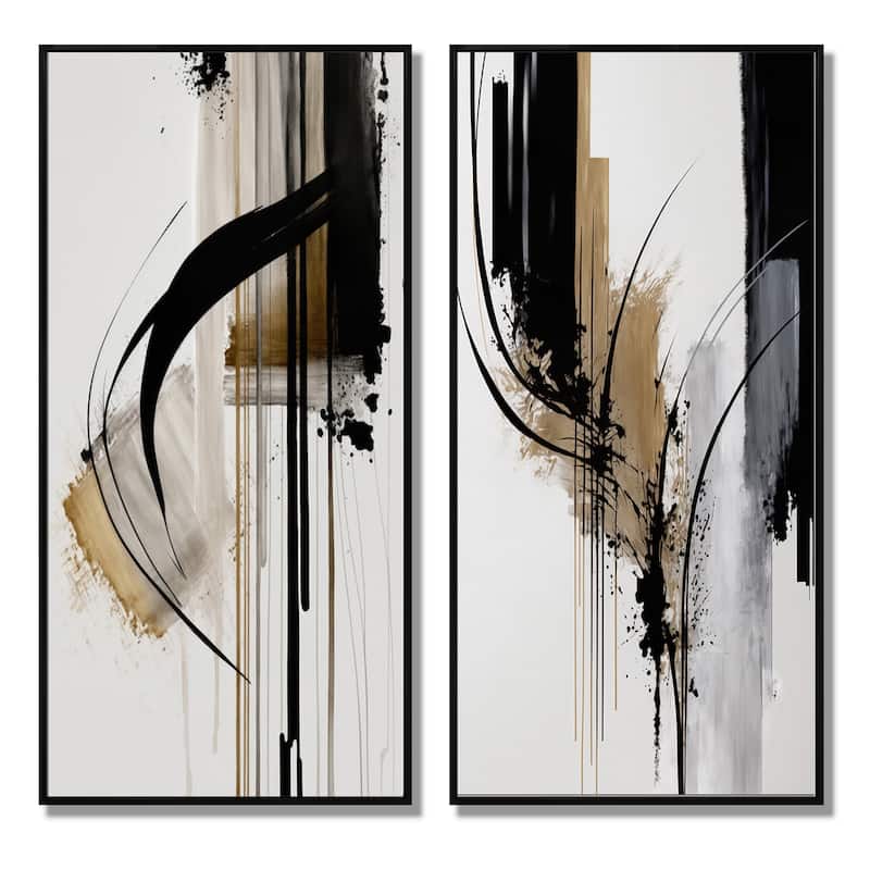 Designart "Black, White And Gold Expression I" Abstract Framed Canvas Set Of 2 For Living Room Decor
