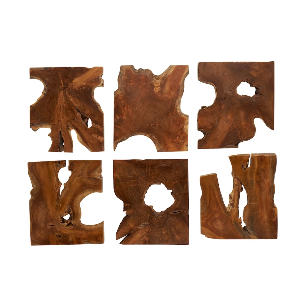 Teak Wood Abstract Handmade Live Edge Wood Slab Wall Decor - Set of 6 Brown - Roche River Decor