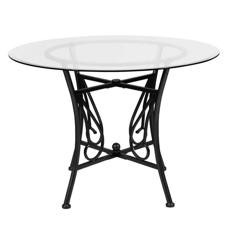 42'' Round Glass Dining Table with Curl Accent Matte Metal Frame - 42"W x 42"D x 29"H - 42"W x 42"D x 29"H