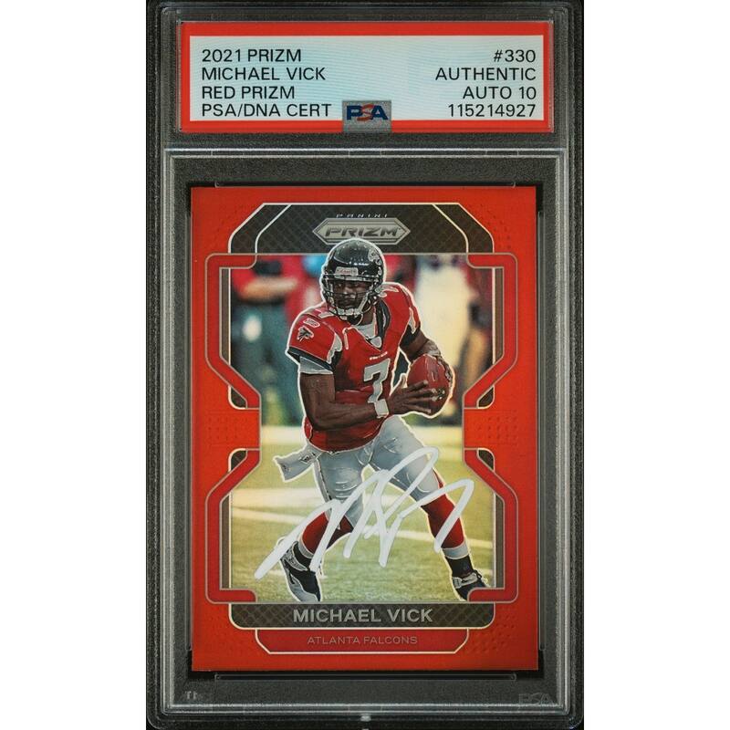 Michael Vick 2021 Panini Prizm Red Signed Football Card #330 Auto Graded PSA 10 Cert # 115214927 - 8' x 11'