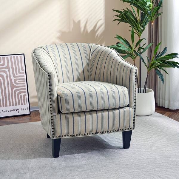 slide 2 of 5, Roomfitters Striped Barrel Accent Chair with Nailhead Trim and Cushioned Seat, Upholstered Armchair, Beige, Blue Stripe Beige