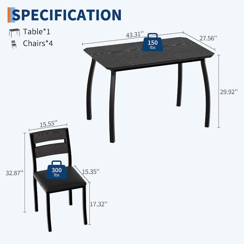 5 Piece Metal Frame Kitchen Table and Chair Set, with Chamfer Design