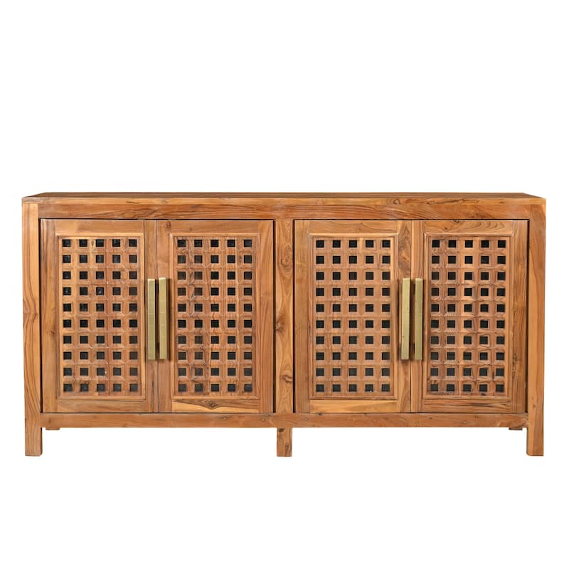 HomeRoots 71" Brown Solid Wood Carved Geometric Sideboard with Four Doors - 71.00 in. x 36.00 in. x 17.00 in.