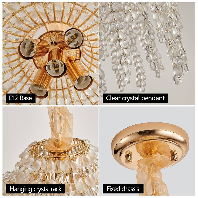 16 Inch 5-Light Crystal Pendant Light Chandelier-Elegant Waterfall Design with Grape-Shaped Crystal