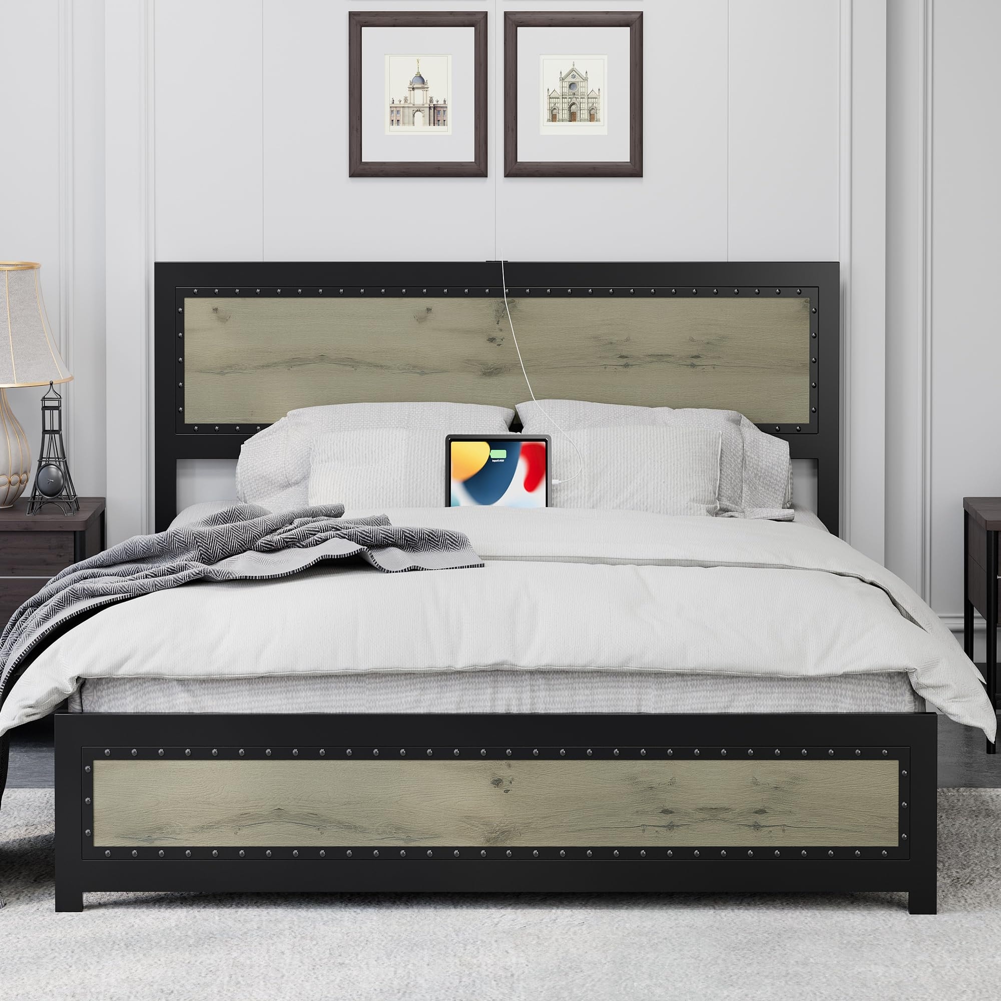 Full Size Bed Frame with Headboard, Industrial Platform Bed Frame with Charging Station