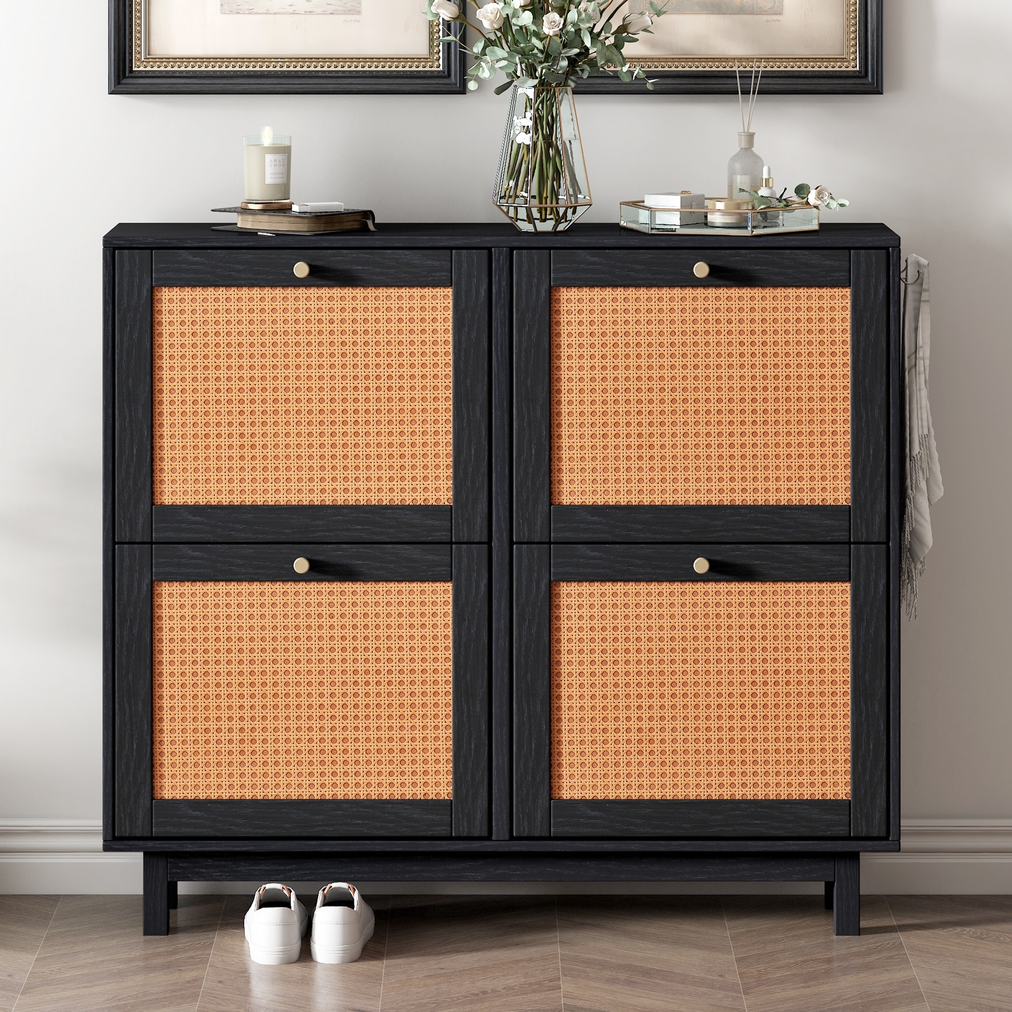 Rattan Free Standing Shoe Rack,Shoe Cabinet with 4 Flip Drawers, Modern 2-Tier Shoe Storage Organizer with Large Space,