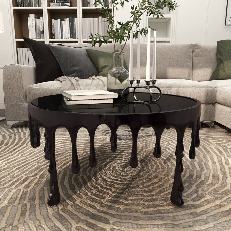 Aluminum Metal Accent, Console, and Coffee Table Collection with Drip Melting Design and Smoke Shaded Glass Top Multiple Colors