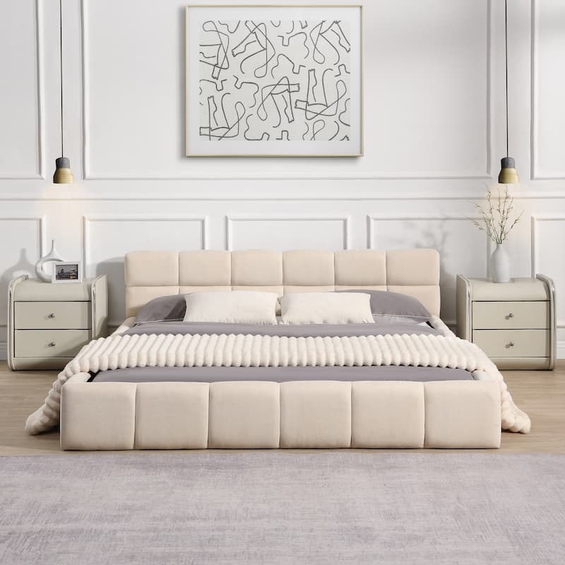 Christopher Knight Home - Evelyn Chenille Upholstered Bed with Modern Checkerboard Headboard