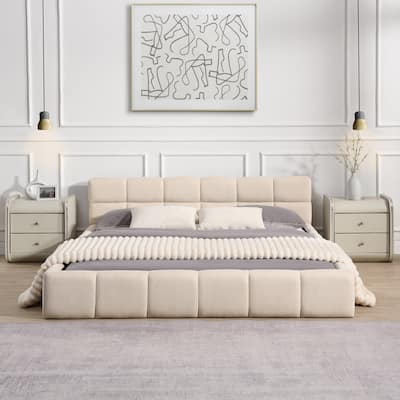 Christopher Knight Home - Evelyn Queen Chenille Upholstered Bed with Modern Checkerboard Headboard