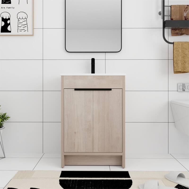 Bathroom Vanity With Sink In 24/30/36 Inch, Freestanding Bathroom Vanity With Soft Close Door and Adjustable Shelf - Plain Light Oak - 24"W x 18.3"D x 34.3"H