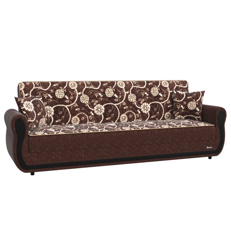 HomeRoots 90" Brown Chenille Convertible Futon Sleeper Sofa And Toss Pillows With Storage