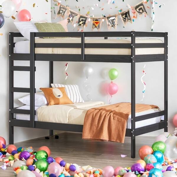 slide 2 of 14, Transitional Style Modern Simple Solid Wood Twin Over Twin Bunk Bed, Black