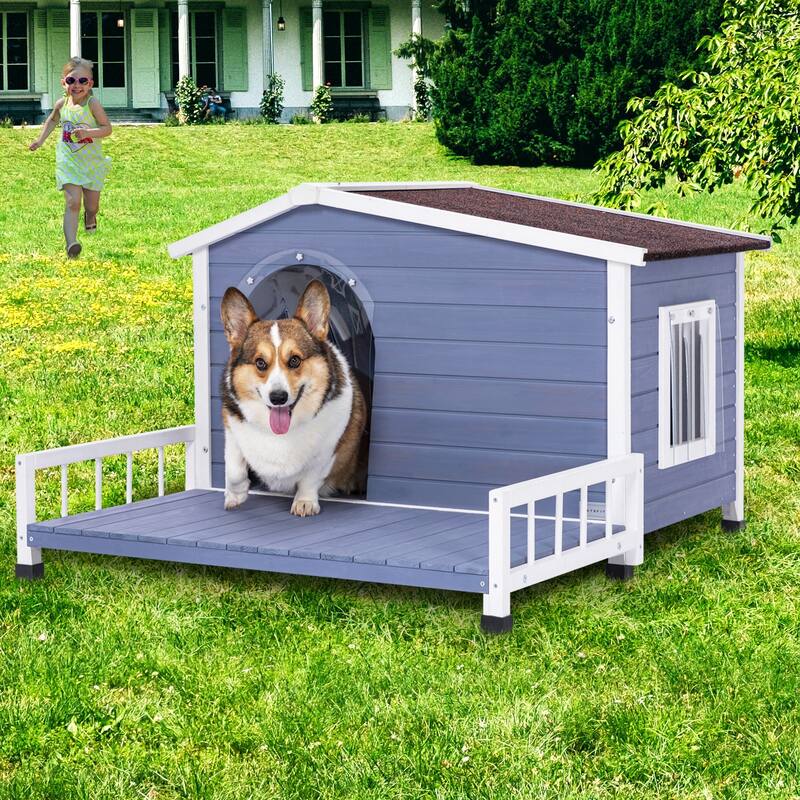 Large Wooden Dog Room Dog Kennel Indoor Outdoor with Raised Floor Windows and Door Curtains Dog House - Grey