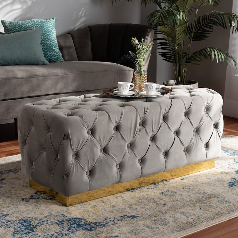 Corrine Glam and Luxe Velvet Fabric and Gold PU Leather Ottoman