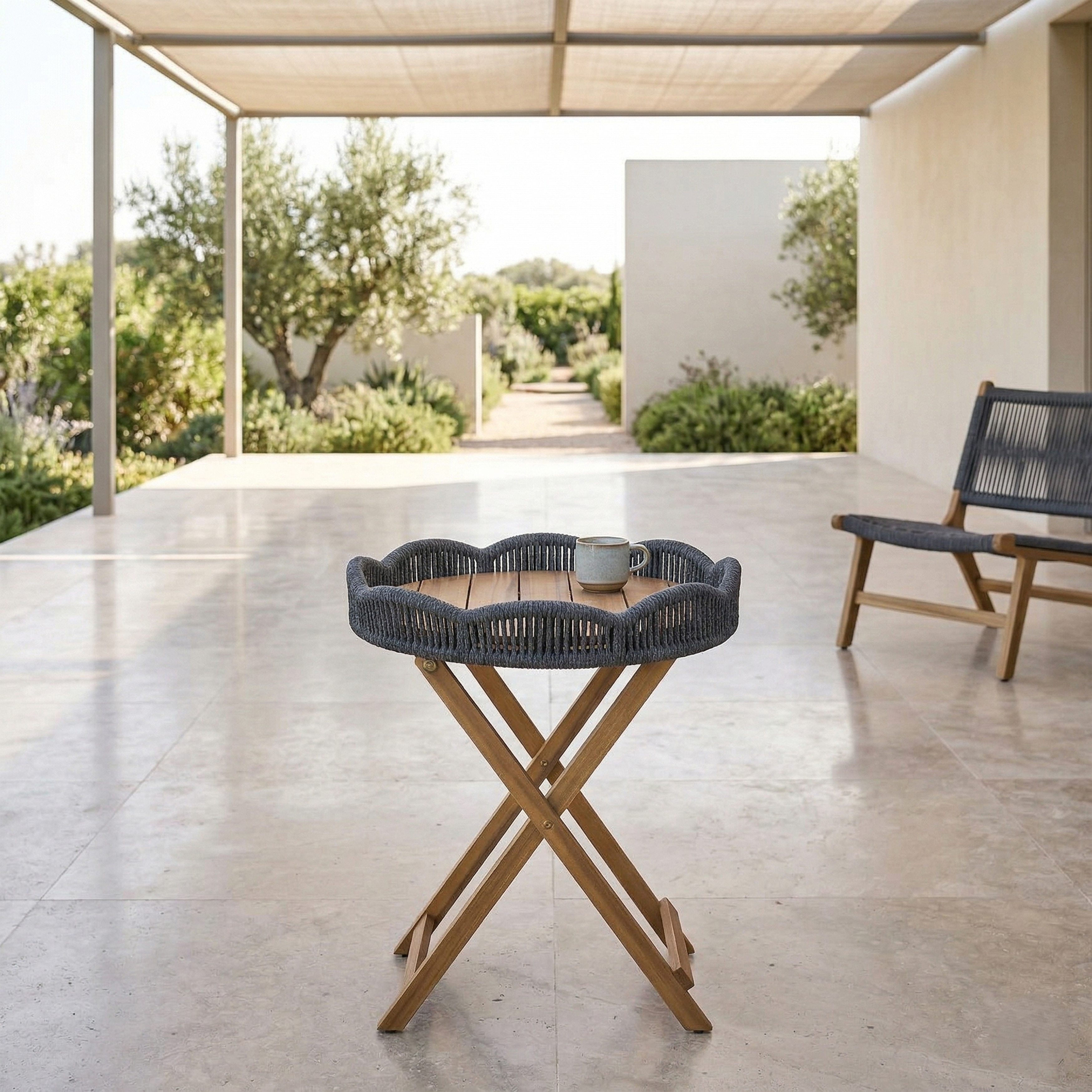 Alva Foldable Acacia Wood Side Table - Scallop Rope Edge Flower Design