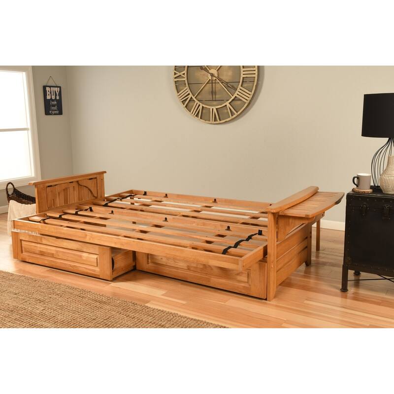 Somette Phoenix Queen-size Storage Futon Set in Butternut Finish with Linen Mattress
