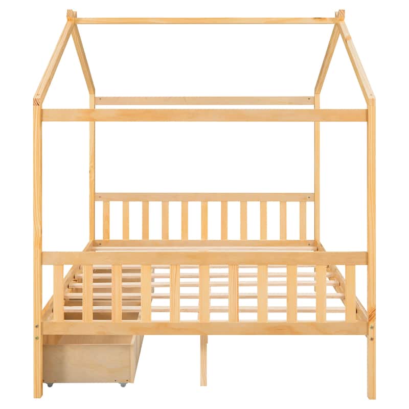 Full Size House Platform Bed with Roof Design and Storage Drawers for Children's Bedrooms, Guest Rooms, Pine Wood