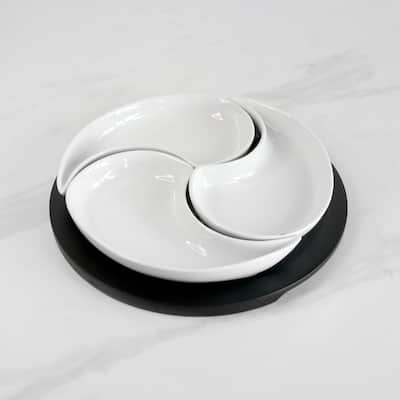 3 Tear Drop Ceramic Plate with Wood Tray 9x9x2"