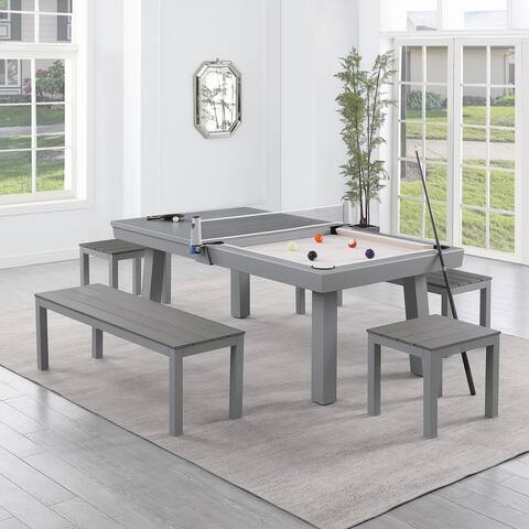 Norwalk Indoor/Outdoor 7ft Billiards Pool Table 6-Seater Dining Set with Accessories, Cement Finish