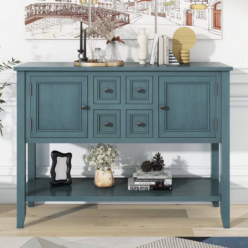 Ample Storage Vintage Console Table With Four Small Drawers And Bottom Shelf - Dark Blue