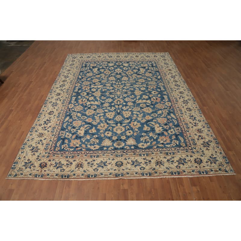 Hand Knotted Oriental 100% Wool Carpet Traditional All-Over Navy Blue & Blues Kashan Area Rug - 12' 6'' X 9' 3''