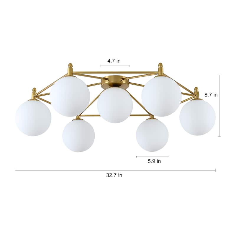 7 - Light Modern Sputnik Flush Mount Light, Black Metal, White Frosted Glass Globes