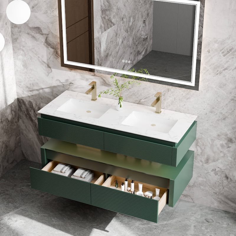 Modland 48" Modern Wall-Mounted Double Sink Bathroom Vanity with Engineered Stone Countertop,LED Light