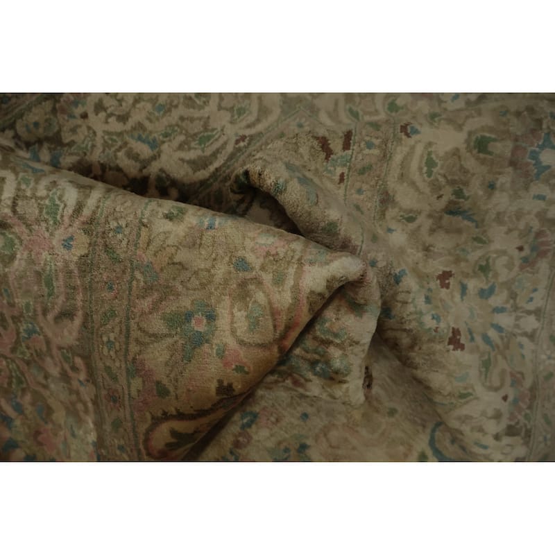 Hand Knotted Oriental Silk Carpet Traditional Floral Beige & Ivories Kashmir Area Rug - 7' 4'' X 6' 11''