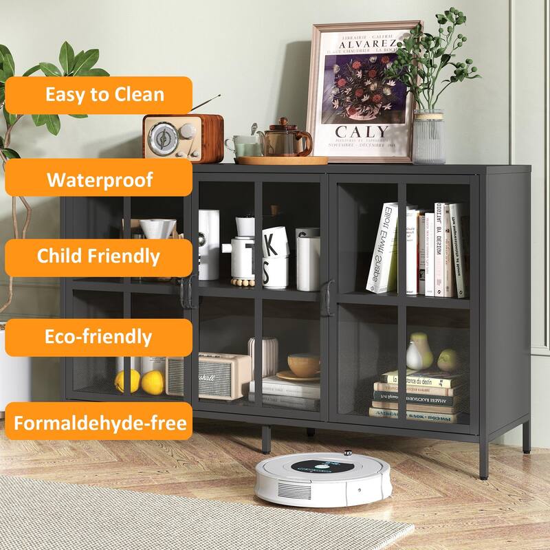Sideboard Cabinet with Glass Doors, Coffee Bar Cabinet with Shelves, Steel Storage Cabinet with Adjustable Feet