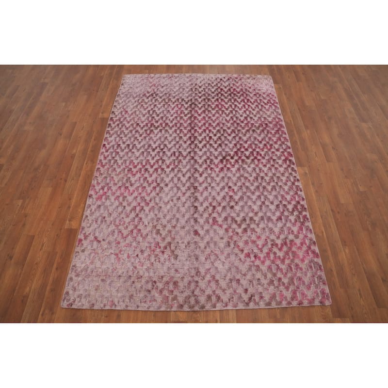 Hand Knotted Oriental Viscose Silk Carpet Modern Geometric Pink Abstract Area Rug - 6' 10'' X 4' 8''